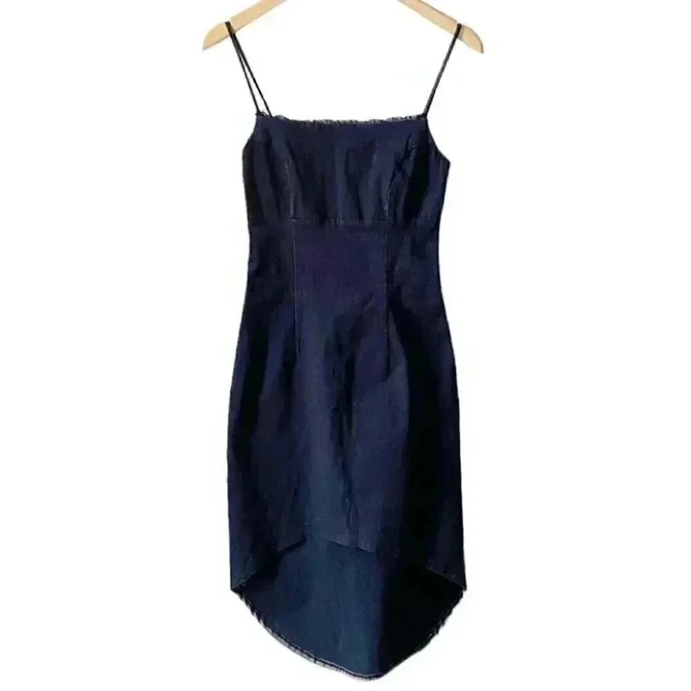 Le Chateau Dark Blue Denim Slip Dress Bodycon Stretch High Low Size Small - Picture 2 of 16
